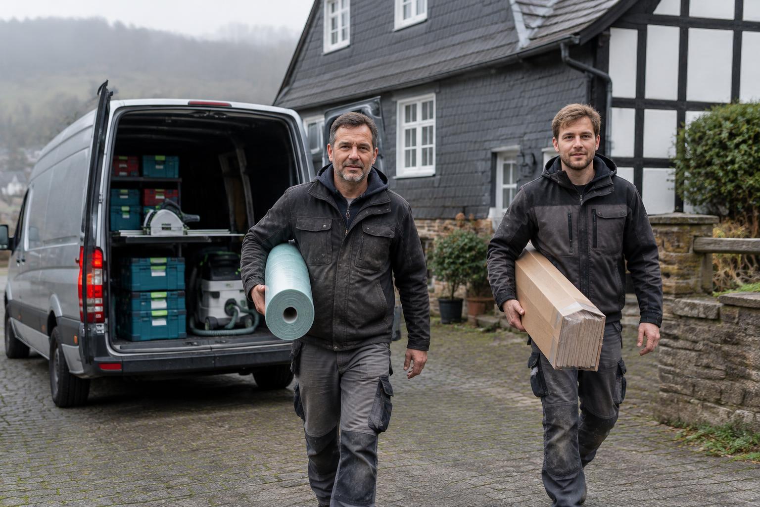 Zwei Mitarbeiter kommen mit dem Transporter und Werkzeug zu einem Auftrag