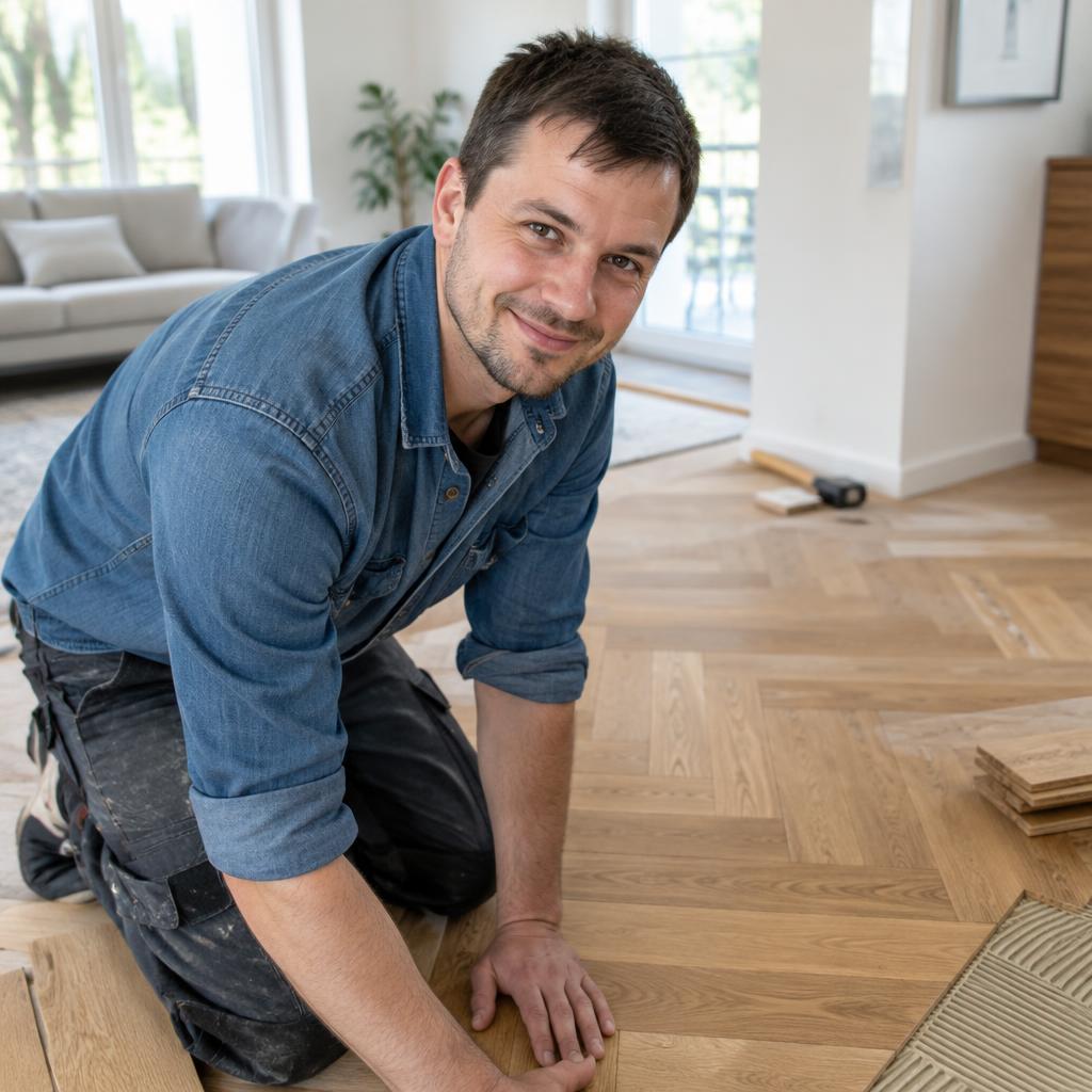 Handwerker verlegt Eichenparkett